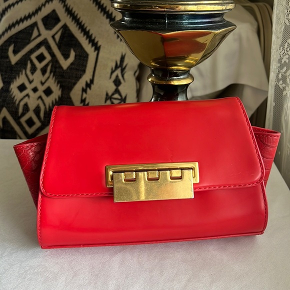 ZAC Zac Posen Red Leather Crossbody Gold Chain Small Purse Croc Embossed - Picture 3 of 7